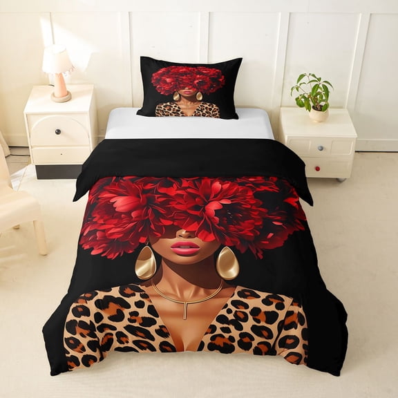 spefrowx Chic Red Peony Girl Twin Duvet Cover for Teens, Cheetah Animal Print Twin Bedding, Black Reversible, 2 Pieces, 1 Duvet Cover and 1 Pillowcase