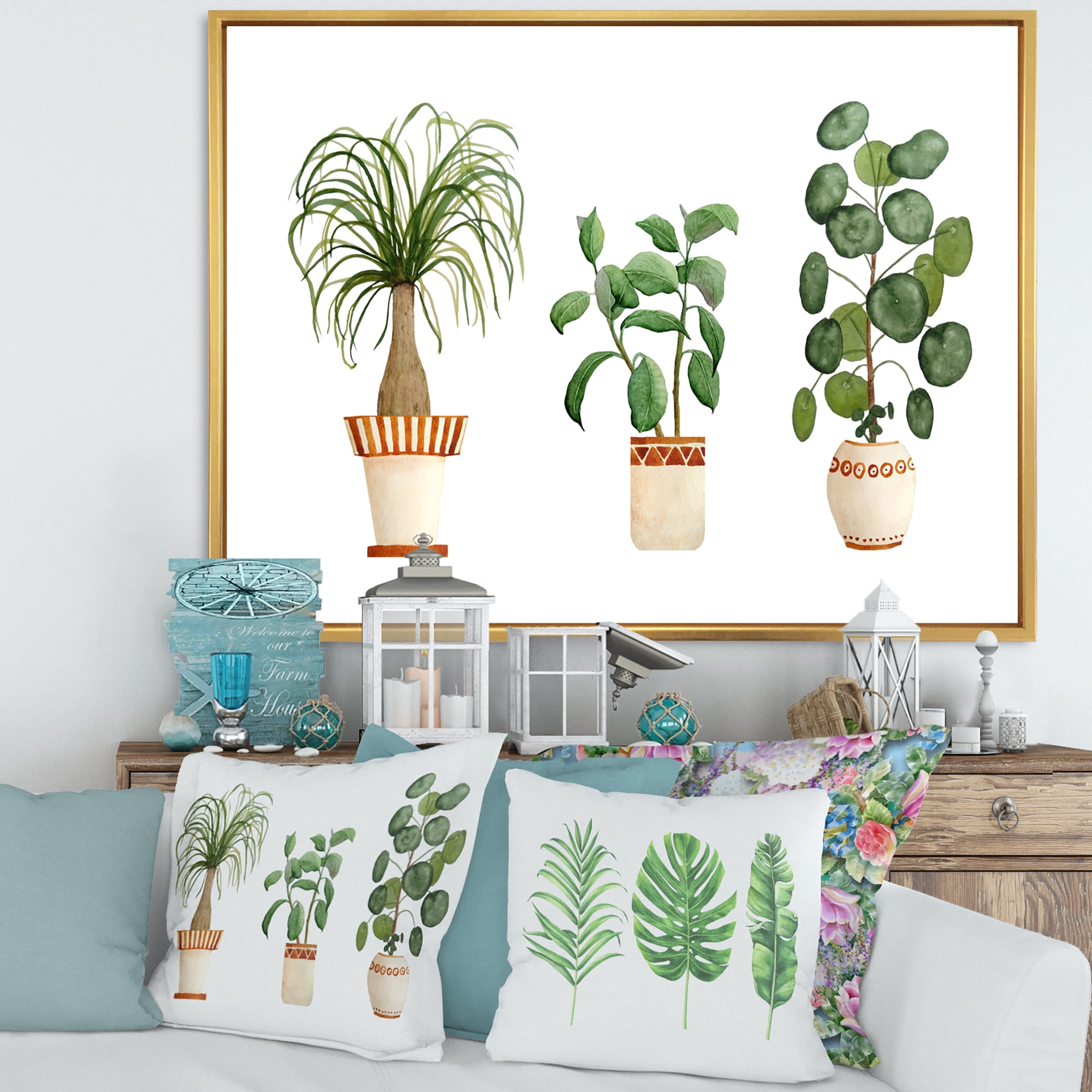 Designart 'Trio of House Plants Ficus Ponytail and Palm' Traditional Framed Canvas Wall Art Print