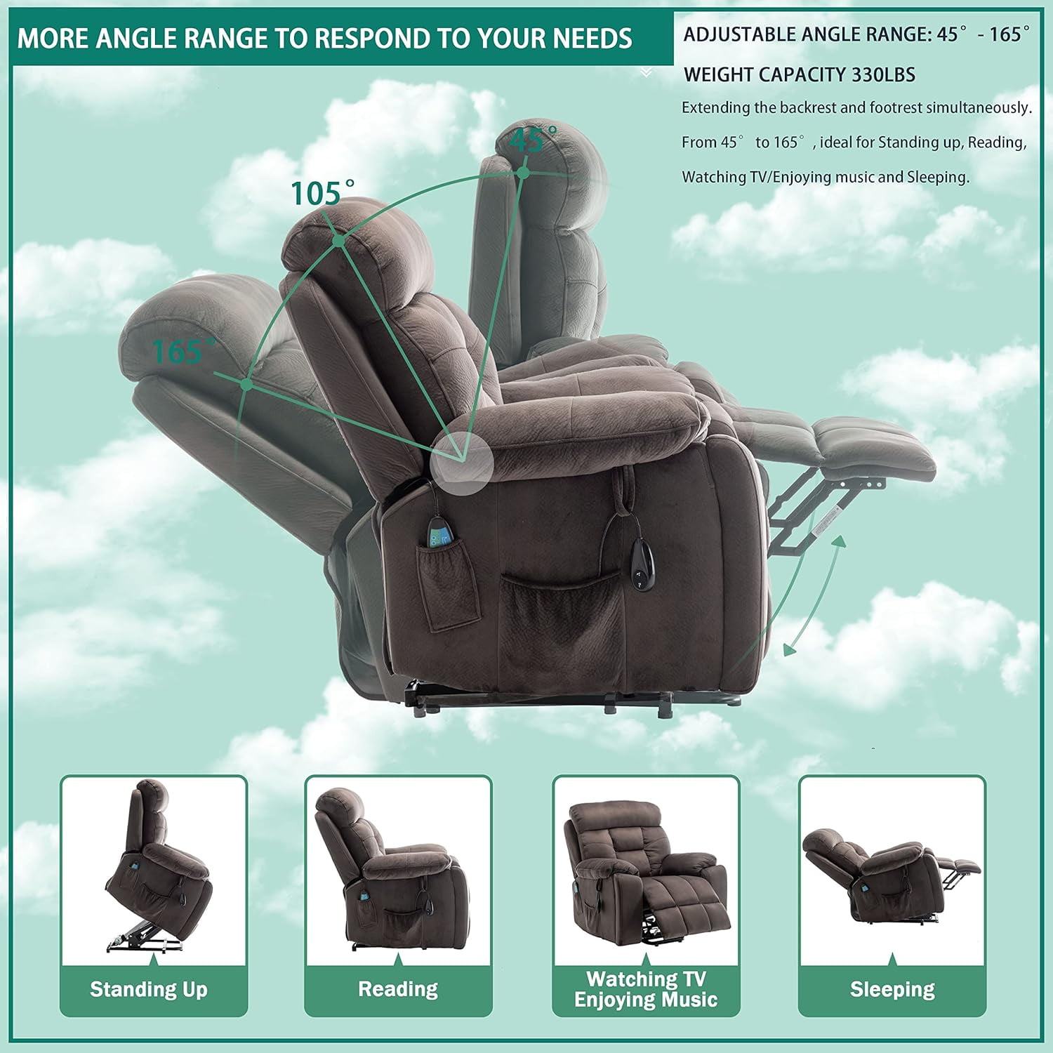 Lift Recliner for Big and Tall Seniors, Lift Chair with Heat and Vibration Massage, 2 Side Pockets, 2 Cup Holder, 2 Remote, OKIN Motor