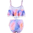 thumbnail image 4 of Women High Waisted Bikini Ruffle Swimsuit Flounce Pom Pom Trim Two Piece Bathing Suit Purple&orange (2XL, 4 of 8