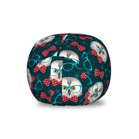 Geek Storage Toy Bag Chair  Pattern with Snowflakes and Owl Wearing Glasses and Dotted Bowtie  Stuffed Animal Organizer Washable Bag  Small Size  Multicolor  by Ambesonne