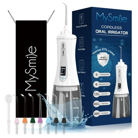MySmile LP201 OLED Cordless Water Flosser for Teeth Braces, Gums, Dental Hygiene,350ml Large Tank, Portable Power Oral Irrigator, 5 Modes, 8 Jet Tips, White