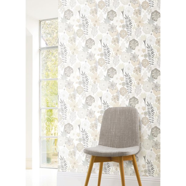 RoomMates Beige Perennial Blooms Floral Peel and Stick Wallpaper