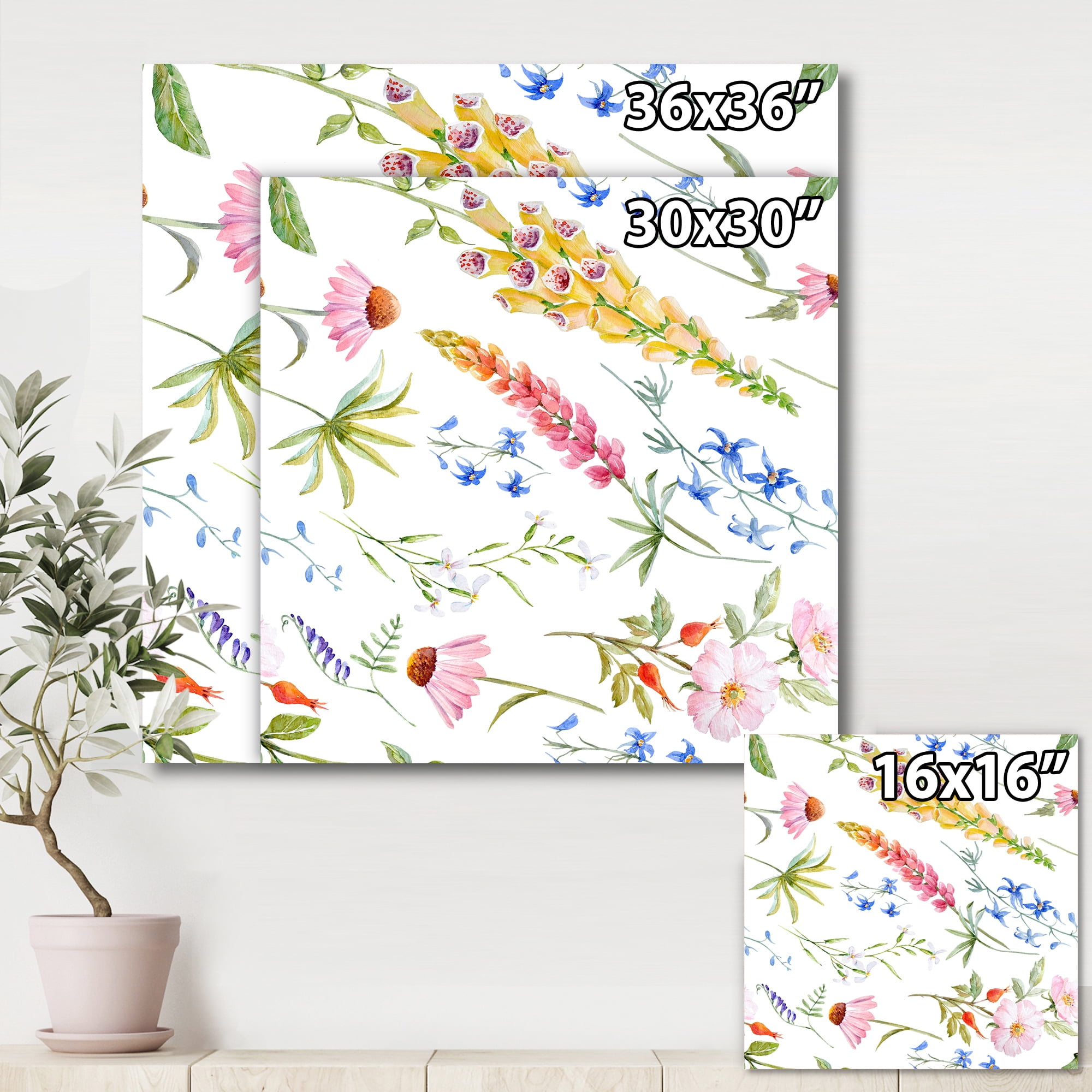 Designart ' Vibrant Summer Wildflowers On White I ' Traditional Canvas Wall Art Print