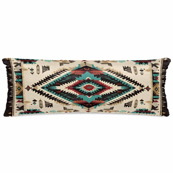 Boho Red Teal Brown Satin Pillowcase for Hair and Skin with Zipper, Soft Breathable Cooling Silk Pillow Cases, Southwestern Country Geometric Body Pillow Covers Bed Pillows 20"x54"