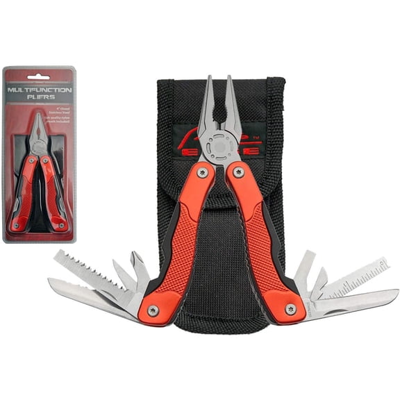 Szco Supplies 6” Red 14-Function Spring Action Plier Stainless Steel Multi Tool with Nylon Sheath