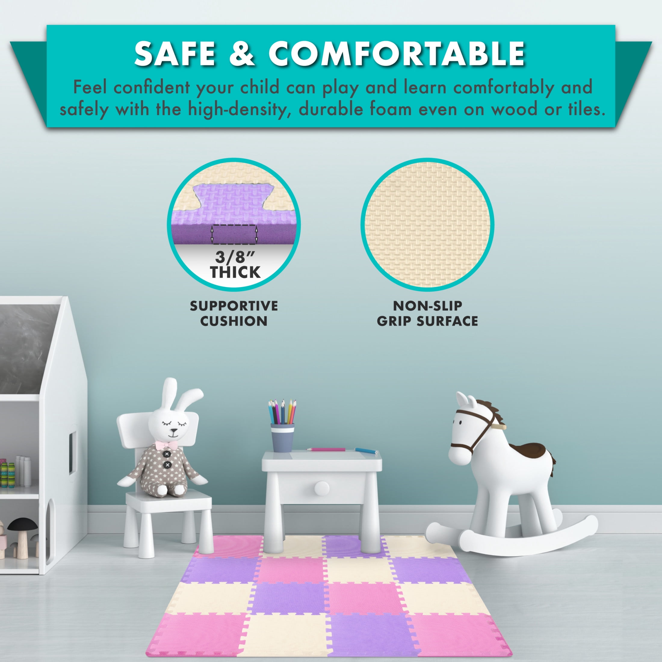 ProSource Kids Solid Colors Foam Puzzle Floor Play Mat, 36 or 16 tiles