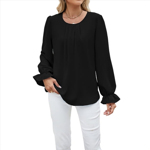 Camisa de Holgada de Larga con Cuello Redondo y Color Liso para Mujer, Elegante y A . Negro L
