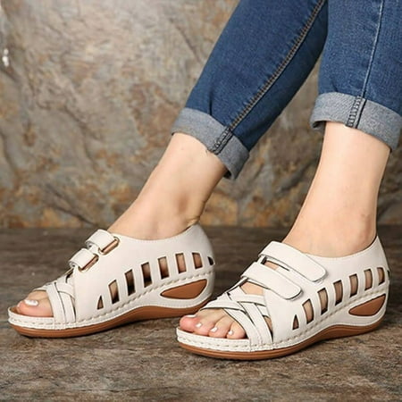 

Huanxu Soft Leather Open Toe Sandals Vintage Anti-Slip Summer Beach Outdoor Travel Shoes for Women