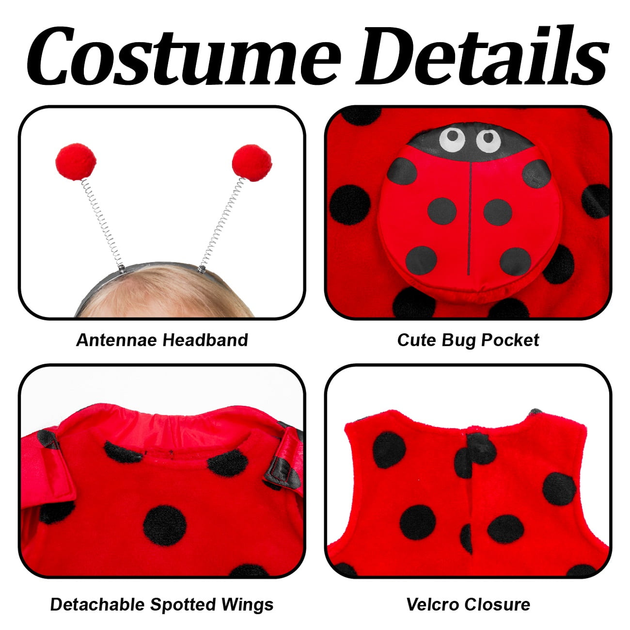 Kids Girls Ladybug Costume Halloween, Red Dot Vest Cape Headband 3