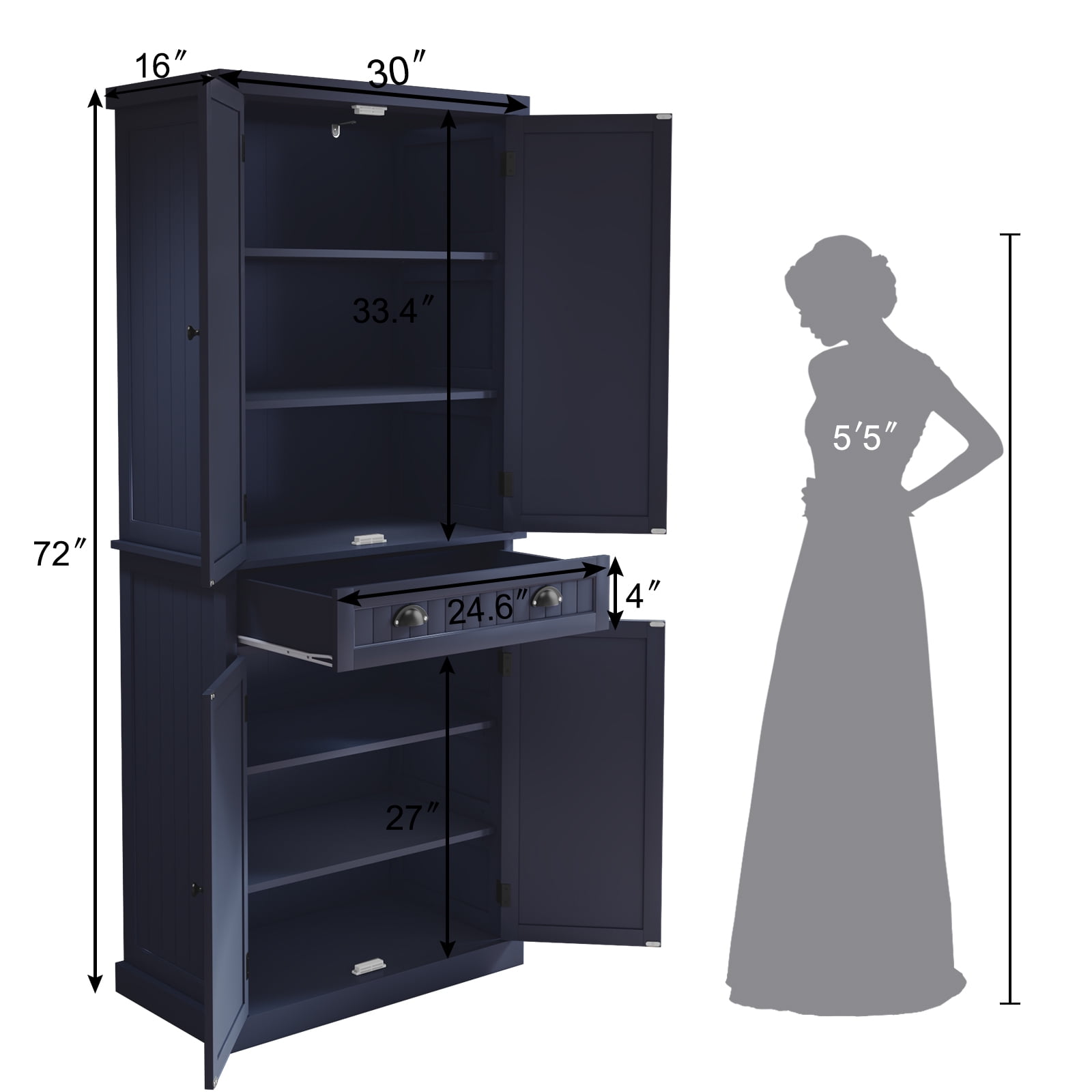 72" Tall Kitchen Pantry Cabinet with Drawer & Adjustable Shelves, Freestanding Storage Cabinet, Navy Blue
