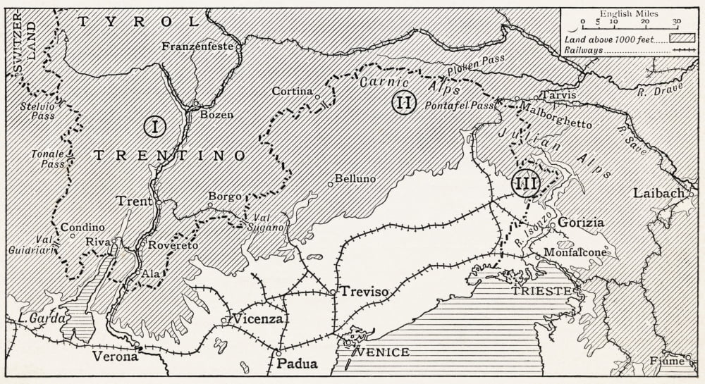 The Three Theatres Of War On The Austro-Italian Frontier 1915 1 Trentino 2 Carnic Alps 3 Isonzo Front From The Great World War A History Volume Iii Published 1916 Canvas Art - Ken Welsh Design Pic