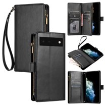 SaniMore Wallet Case for Google Pixel 6, RFID Blocking PU Leather Zipper Handbag Purse Flip Cover, Kickstand Folio Case with Card Slot Wrist Strap Lanyard for Google Pixel 6, Black