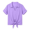 thumbnail image 2 of dazeni Summer Linen Shirts for Women Tie Front V Neck Shirts Lightweight Lapel Short Sleeve Blouse Tops Purple 3X-Large, 2 of 5