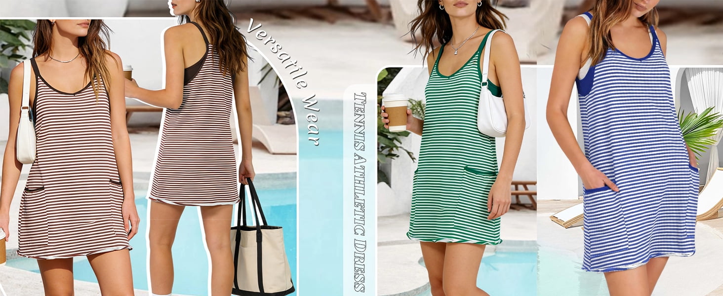 PUWEI Women's Striped Athletic Mini Dress Summer Sleeveless Built-in Shorts Tennis Workout Romper