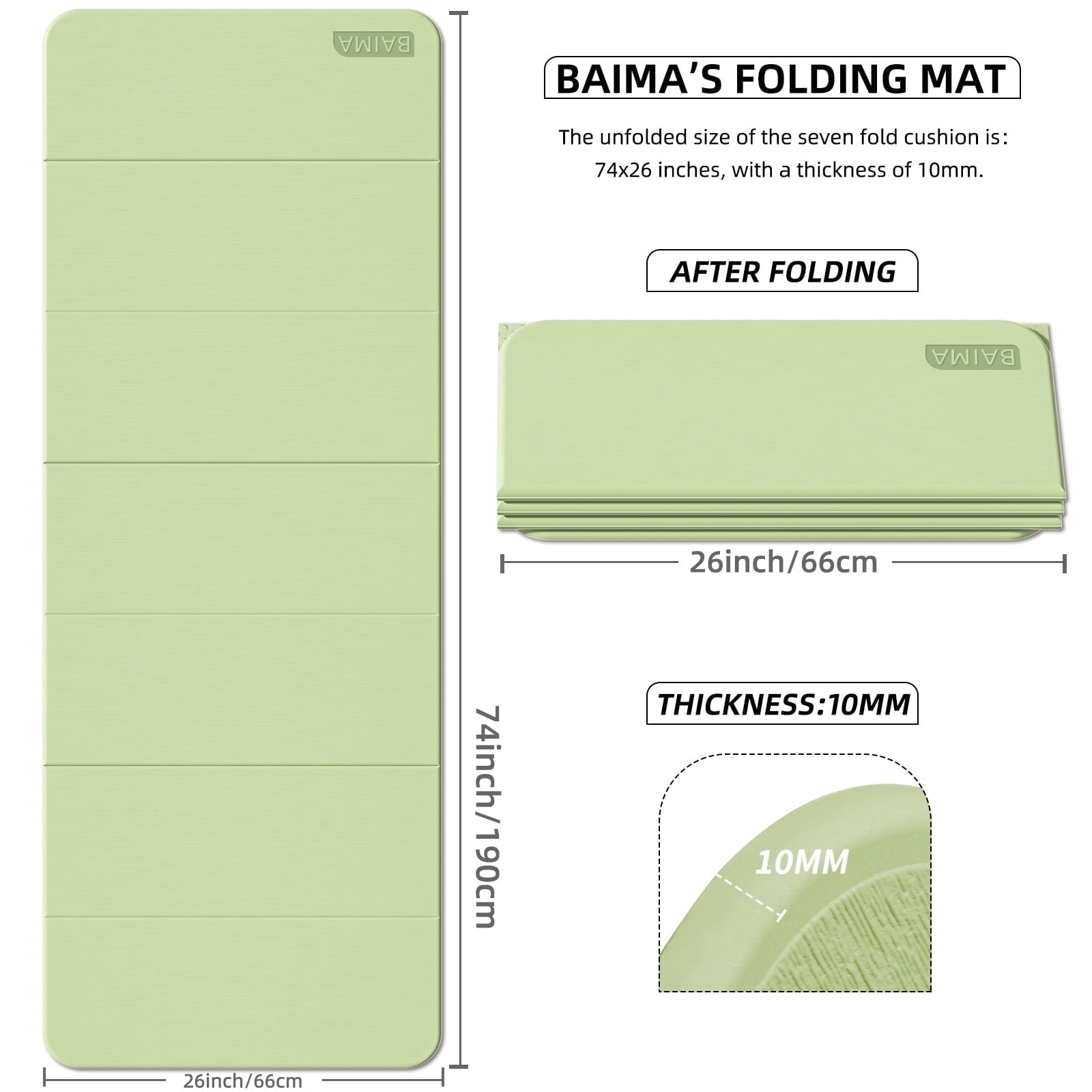 BAIMA Foldable Yoga Mat 10mm Thick , Workout Mats for Home Gym , Pilates,Quick Unfold/Stor,Non-Slip Surface,3.5lbs(Green)
