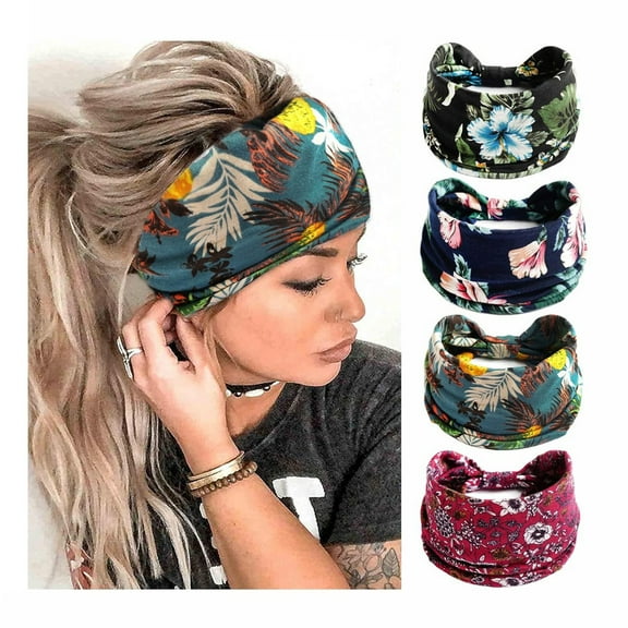 Vorkoi Boho Headbands For Women Fashion Stretch Wide Hair Bands Knoted Turban Head Bands Yoga Running Sweatband Elastic Headband Stylish Wrap Headbands Hair Accessories for Teen Girls 4 Pack