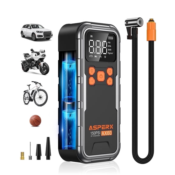 ASPERX Tire Inflator Portable Air Compressor, 150PSI Cordless Air Pump for Car Tires with Digital Gauge & Auto Shut-off – Fast Inflation for Motorcycles, Bikes, and More