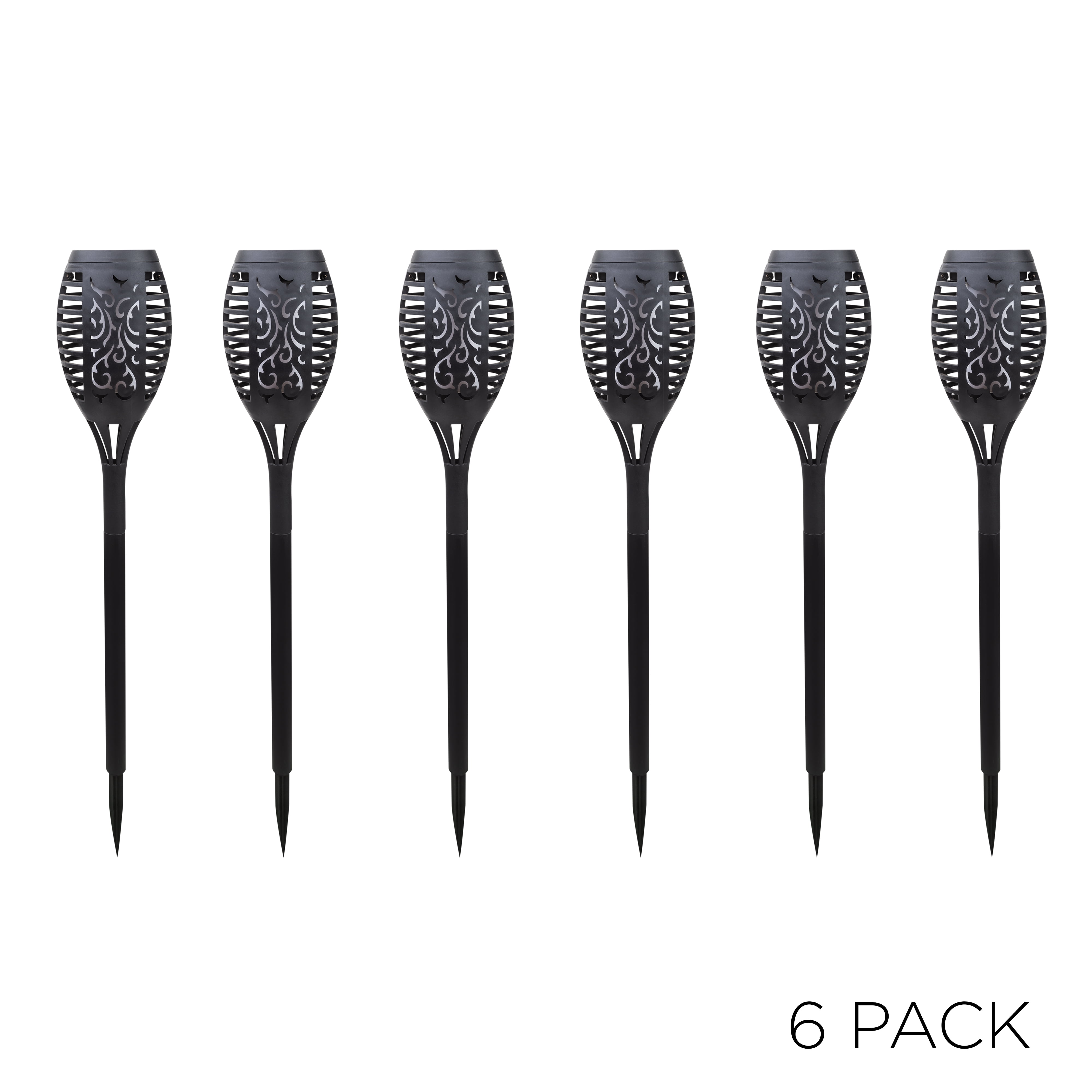Alpine Corporation 20" Outdoor Solar Torch Flame LED Light Pathway Stake, Black (Set of 6)