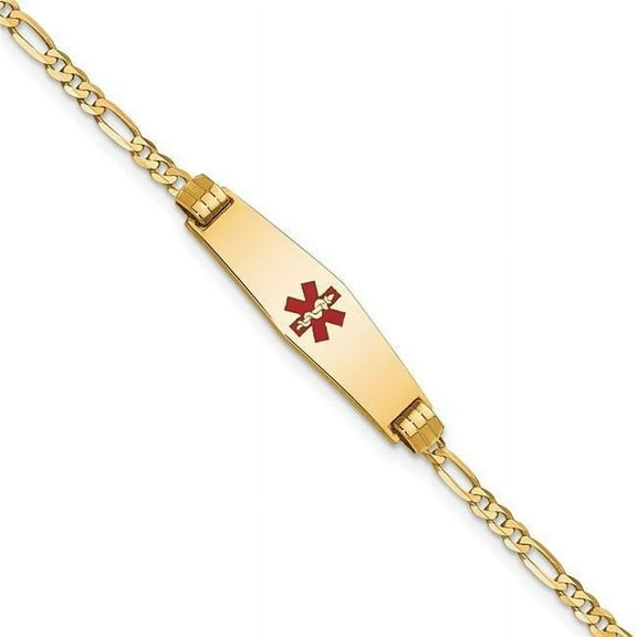 Primal Gold 14 Karat Yellow Gold Medical Soft Diamond Shape Red Enamel Figaro ID Bracelet