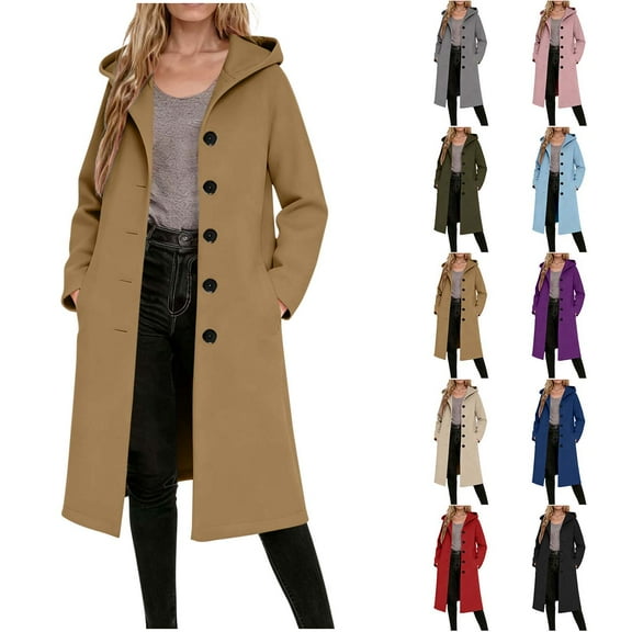 Women Winter Wool Coat Casual Notch Collar Long Sleeve Solid Colo Comfortable Knee Length Pockets Breasted Wool Blend Over Peacoat