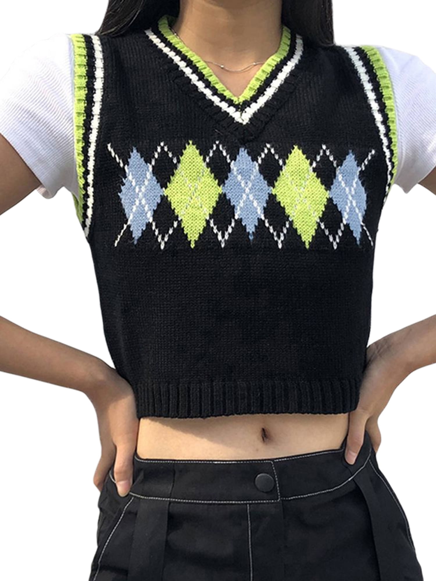 Womens Knit Sweater Vest Argyle Sweater Vest Retro Plaid Vest Top for Teen Girls Trendy