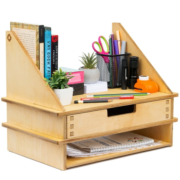 Wooden Desk Organizer Bookshelf - Wood Desktop Organization Box with Drawer - Stationary Organizer for Office Supplies - Counter Top Storage for books, Files, Documents, Pens and Accessories