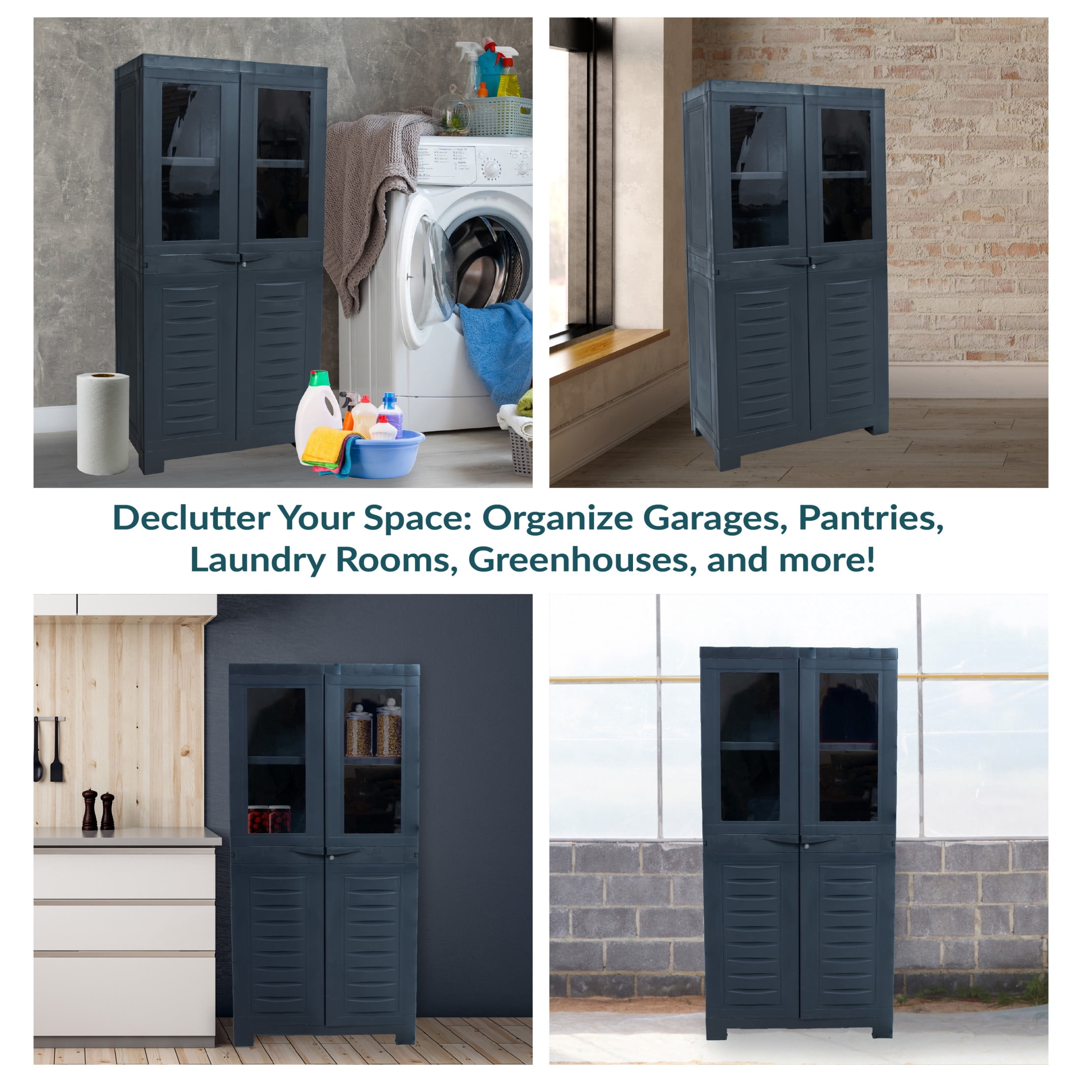 Sunnydaze Lockable Adjustable 48.75" Plastic 3-Shelf Freestanding Garage Storage Cabinet, Charcoal
