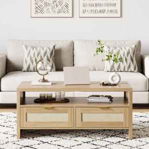 Boho Coffee Table with Storage,40” Mid Century Rattan Console table with Open Shelf,2 Tiers Cocktail Table with 2drawers,Wooden Rectangular Center Table for Room/Apartment/Farmhouse/Small Place