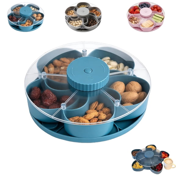 VAETTLO Rotatable 5‑Compartment Snack Serving Tray with Lid, Divided Food Platter for Fruits Dips Nuts, Space‑Saving Organizer for Party Picnic Travel, Blue