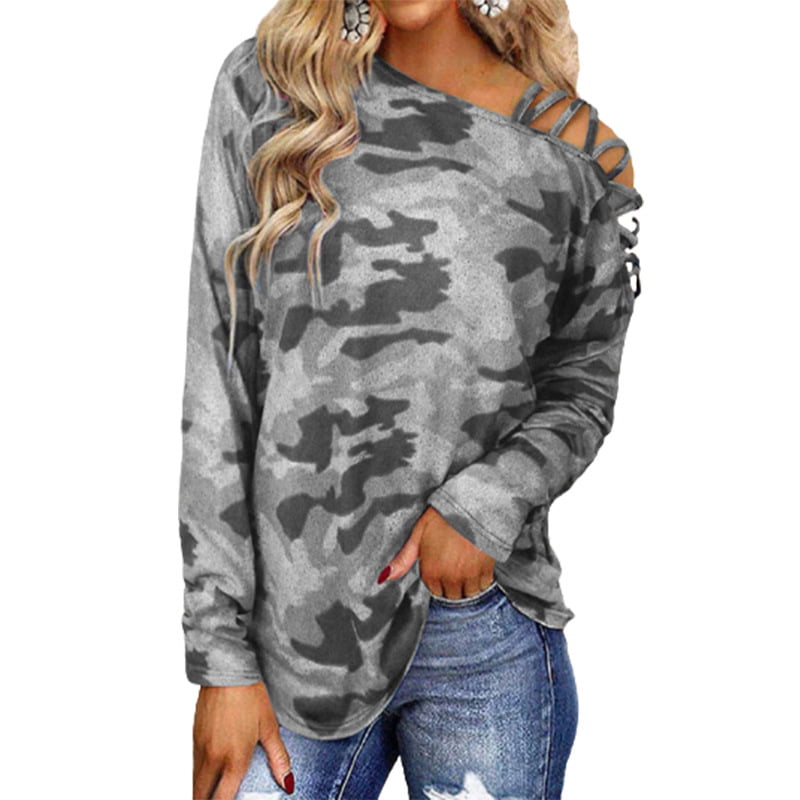 iNoDoZ Womens Cold Shoulder Long Sleeve Tops Casual Sweatshirt Crew Neck Printed Tunic Blouse Camouflage Shirts