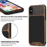 TENDLIN Compatible with iPhone Xs Max Case Wood Grain with Carbon Fiber Texture Design Leather Hybrid Slim Case