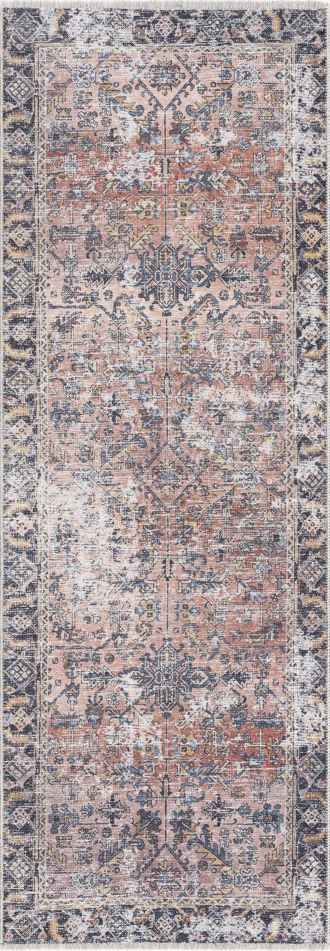 Hauteloom Holli Collection Urmia - Machine Washable Oriental Living Room Kitchen Bedroom Dining Room Area Rug - Abstract Vintage Distressed Boho Style - Pink, Blue, Burgundy - 5'x7'6"