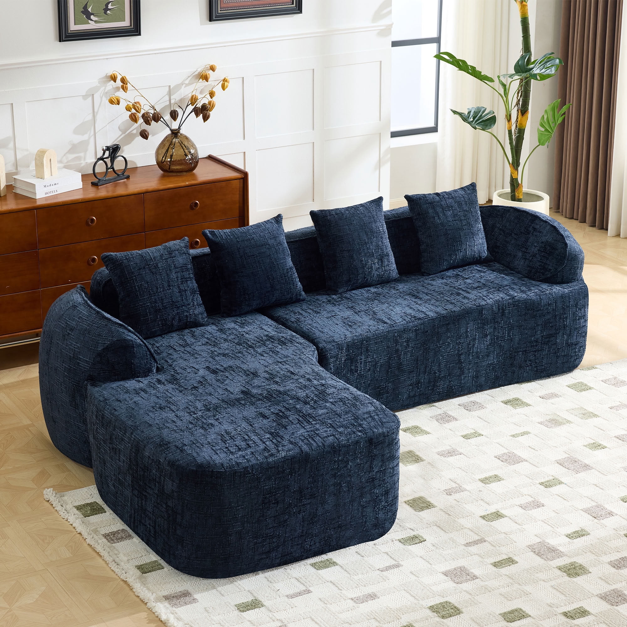 MAYEERTY L-Shaped Chenille Sectional Sofa with Chaise Lounge, 4-Seat Compressed Couch with 4 Throw Pillows, for Living Room Apartment Small Spaces