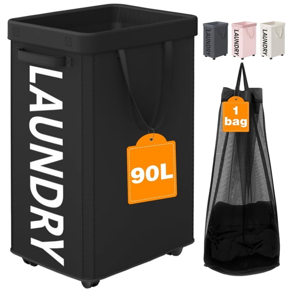 Cesto de ropa Optish de 90 litros con ruedas y bolsa de malla extraíble