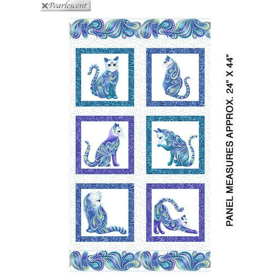 24" X 44" Panel Cats Animals Pets Kitty Kitties Felines Paisleys Metallic Shimmer Whimsical Cat-i-tude White Cotton Fabric Panel (10260P-09)