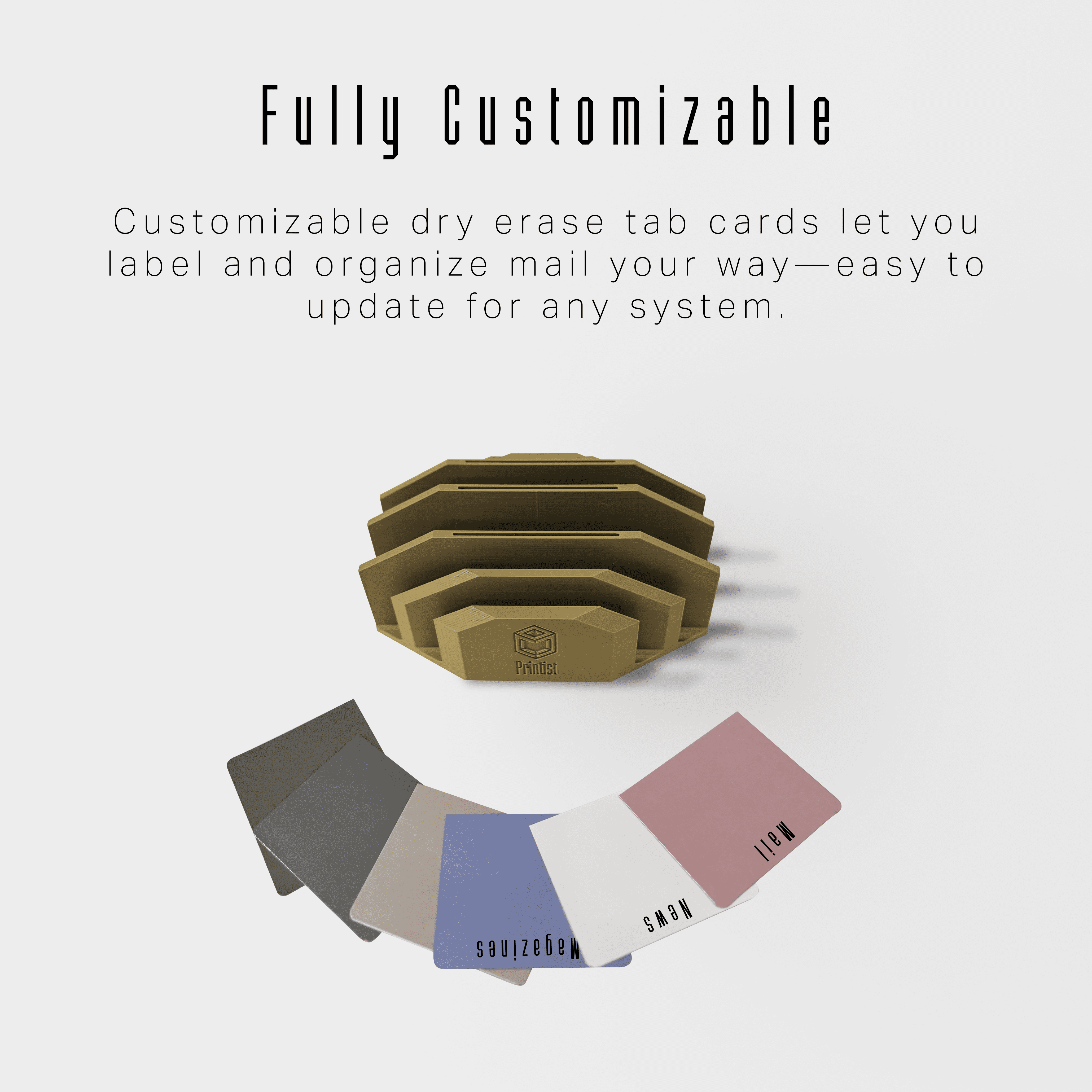 Modern Minimalist Mail Organizer (Oak Wood) – Compact Desk Mail Holder with Tabs & Small Storage– 3D Printed in Multiple Colors