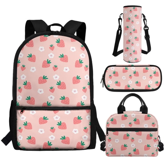 Jeiento Pink Strawberry 4Pcs Kids Bookbag Set for Girls School Backpack with Lunch Box and Pencil Case Water Bottle Holder Flower Elementary School Bag Back To School Bags Daypack Satchel