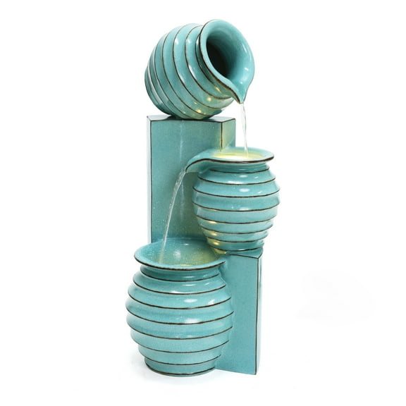 LuxenHome Aqua Blue 3-Tier Bowls 2.5-Feet Tall Outdoor Polyresin Fountain with Lights