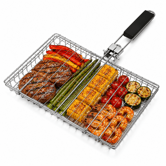 Fish Grill Basket, Grill Baskets for Outdoor Grill, Barbecue BBQ Accessories, Smoker Grill Accessories for Chicken Fish Vegetable, Removable Wooden Handle, Birthday Gifts for Men Dad Husband