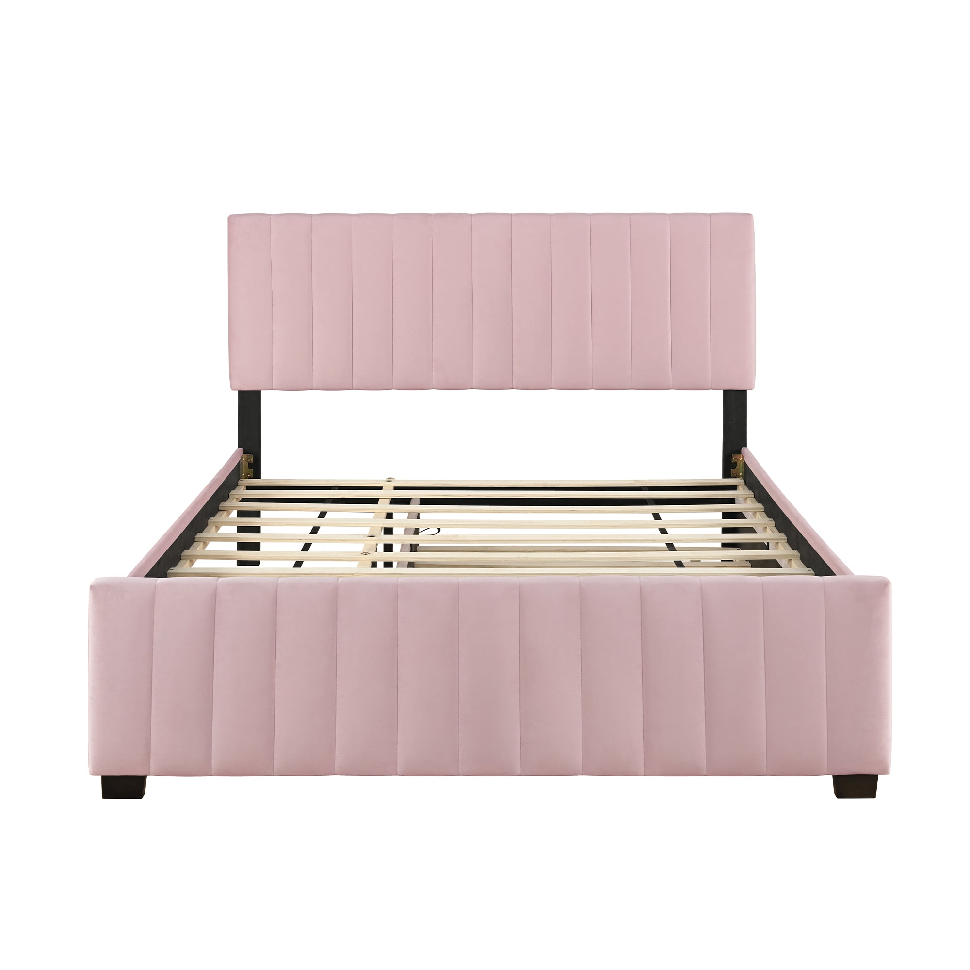 Mintazer Queen Size Velvet Upholstered Platform Bed with Headboard & Twin XL Trundle for Bedroom, Pink