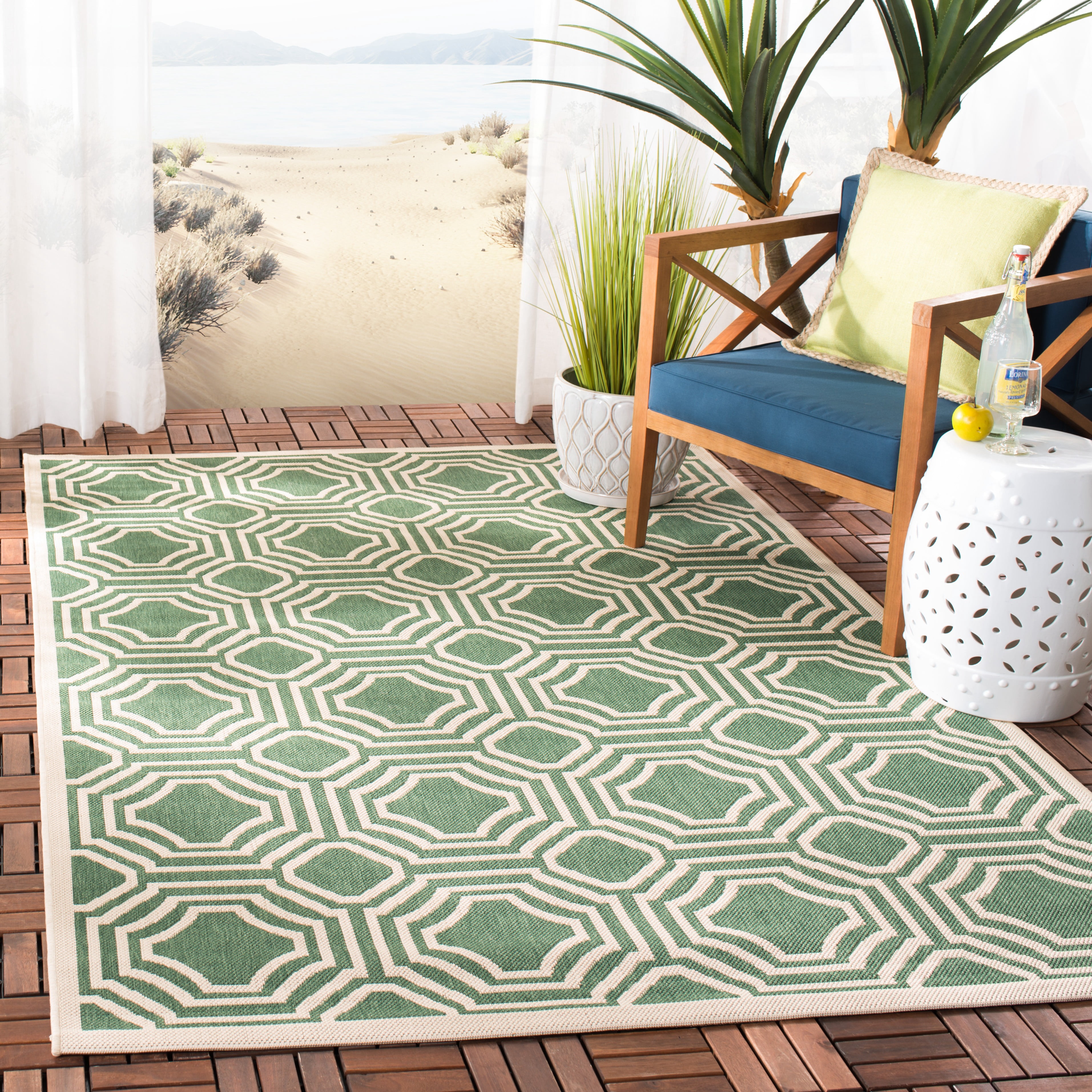 Safavieh Courtyard Brooklyn Geometric Indoor/Outdoor Area Rug, Dark Green/Beige, 9' x 12'