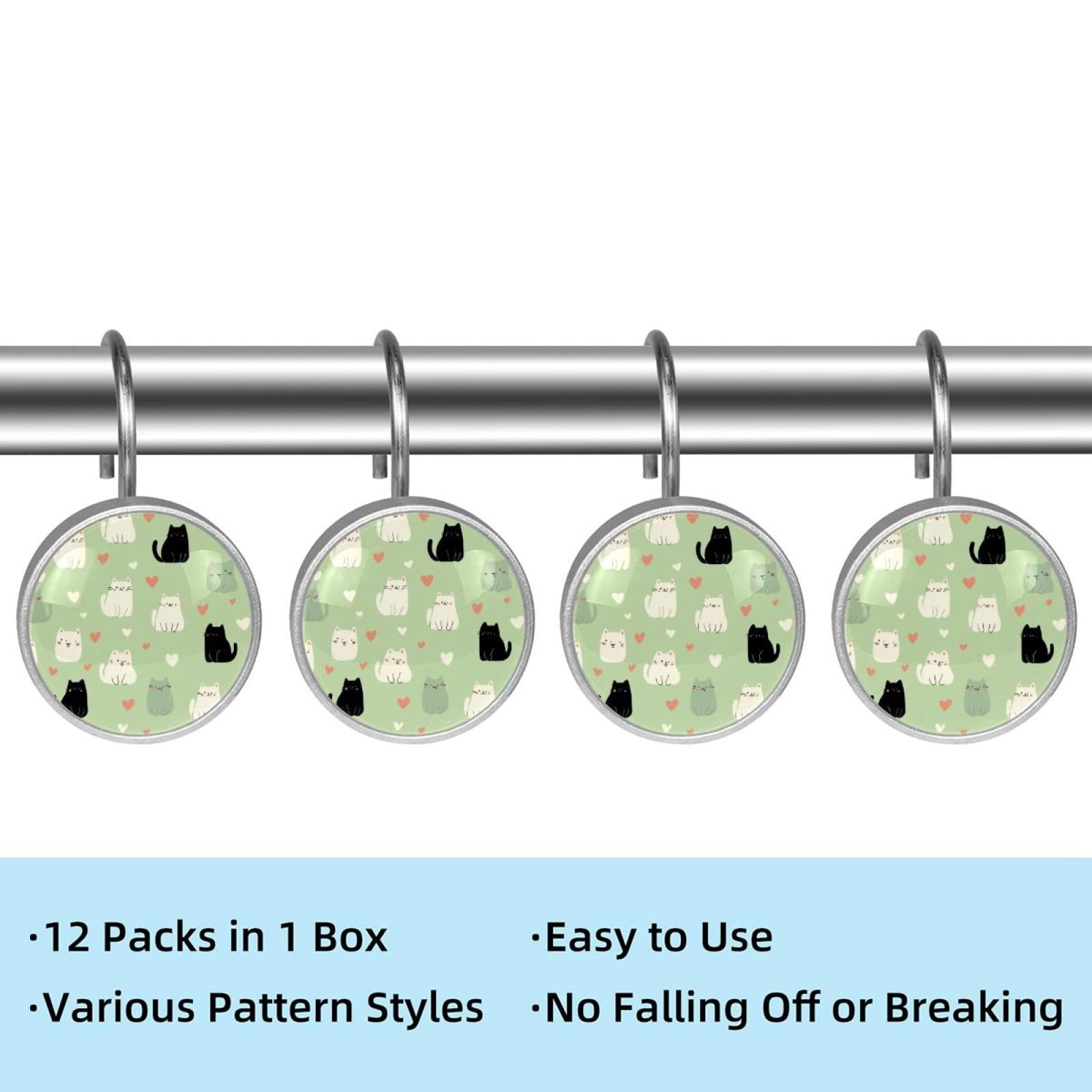 12pcs Decorative Shower Curtain Hooks, Rust Resistant Shower Rings for Bathroom Living Room,Rustproof Stainless Steel Rings for Shower Curtain and Liner Rods,Cats and Hearts Green