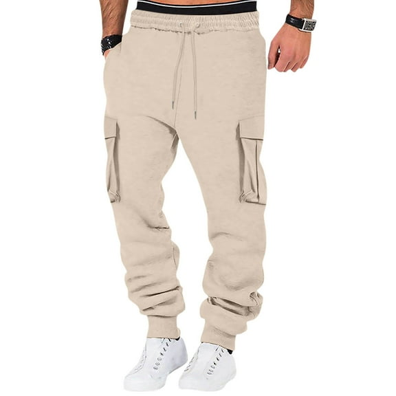 Baqcunre Mens High Street Leisure Loose Sports Running Solid Color Lace Up Cargo Pants Sweater Pants Pocket Trousers Sweatpants,L,Cargo Pants For Men,Men'S Pants,Mens Sweatpants,Mens Clothes,,Beige