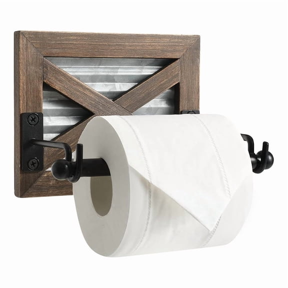 Farmhouse Toilet Paper Holder with Galvanized - Rustic Warm Brown Wood Wall Mount Toilet Roll Holder for Bathroom Decor