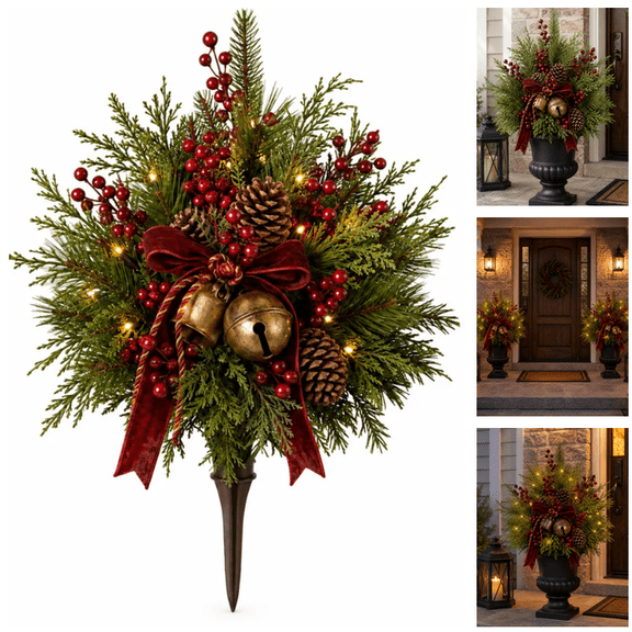 Pre-Lit Artificial Christmas Evergreen Urn Filler with Berries, Pinecones & Vintage Bells