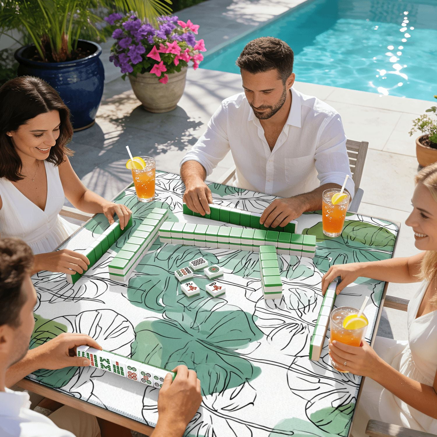 Mahjong Mat 31.5" x 31.5" Abstract minimal monstera leaves plant line drawing Non-Slip Noise Reduction American Mahjong Tiles Table Cover for Dominoes Poker Card Board Games Gift
