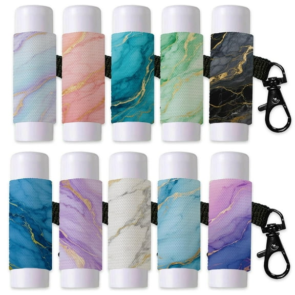 10PCS Marble Pattern Lip Balm Keyring Colorful Lipstick Holder Pouch Clip on Lip Gloss Sleeves with Metel Clasp Elastic Chapstick Holder for Lipbalm Chapstick Storage Gold