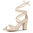 thumbnail image 1 of BLISSFUL STEP Women's Solid Color Lace up High Block Heeled Sandals, 1 of 7