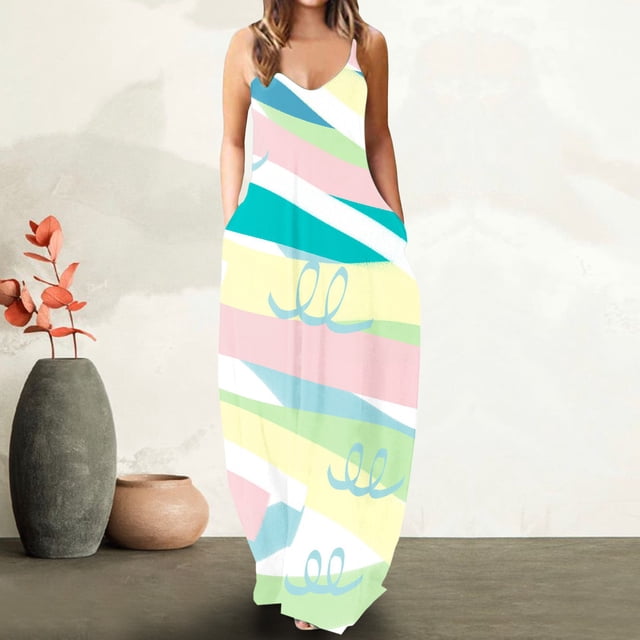 Puntoco Vestidos Mujer Verano Mujer Suelto Bolsillo Cuello En V Impresión Degradado Sin Mangas Suelto Casual Sling Vestido Largo
